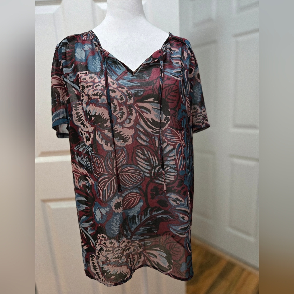 Loft Sheer Floral Tie Neck, V-Neck Blouse Size L